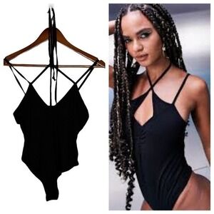 NEW ASOS DESIGN strappy halter bodysuit black thong button crotch stretch sz 6
